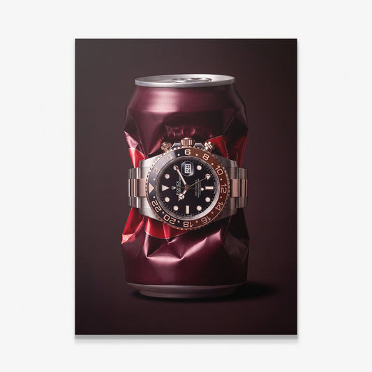 Good Vintage crushed burgundy root beer can with a rose gold watch canvas wall art