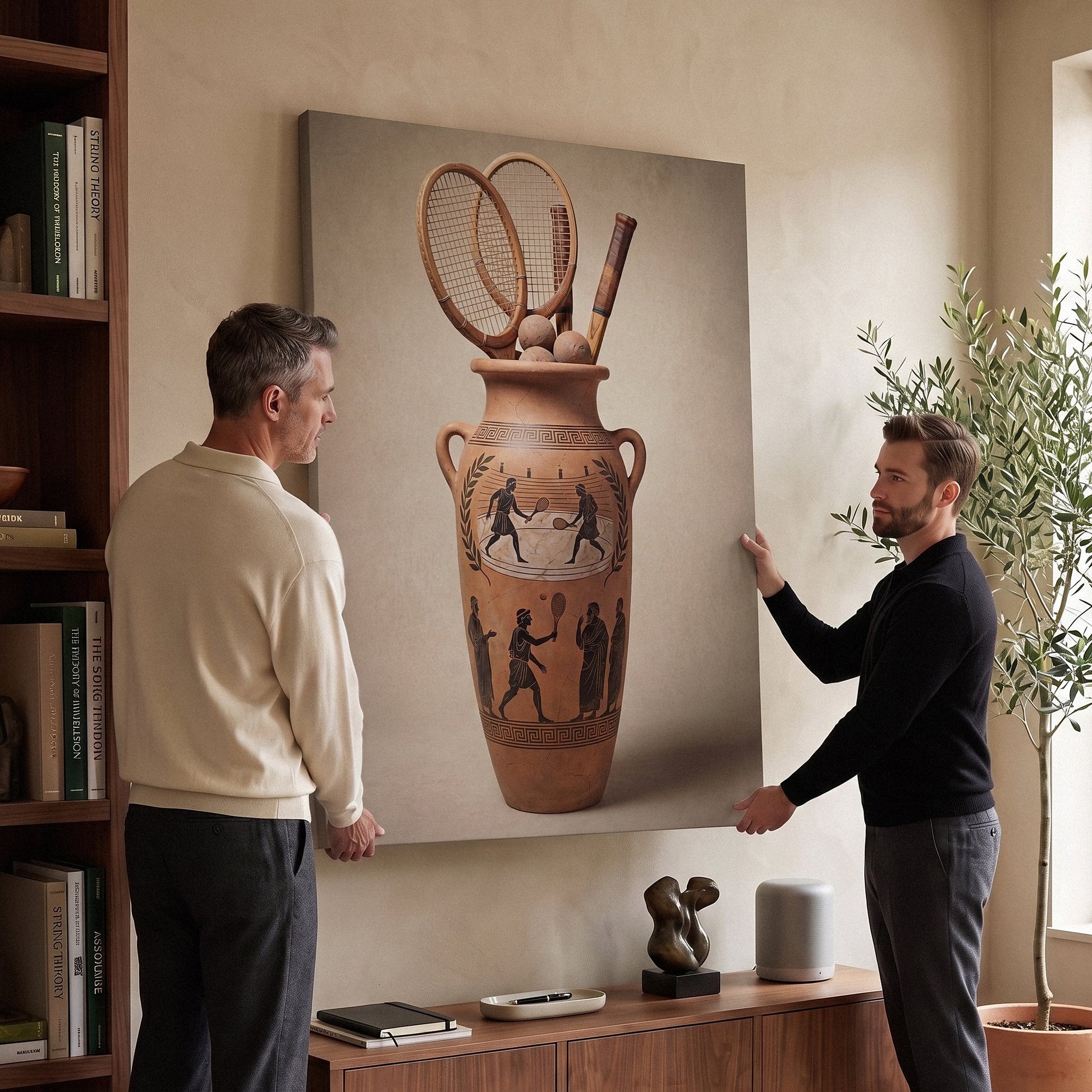 Greek Tennis Vase canvas in a styled tennis den