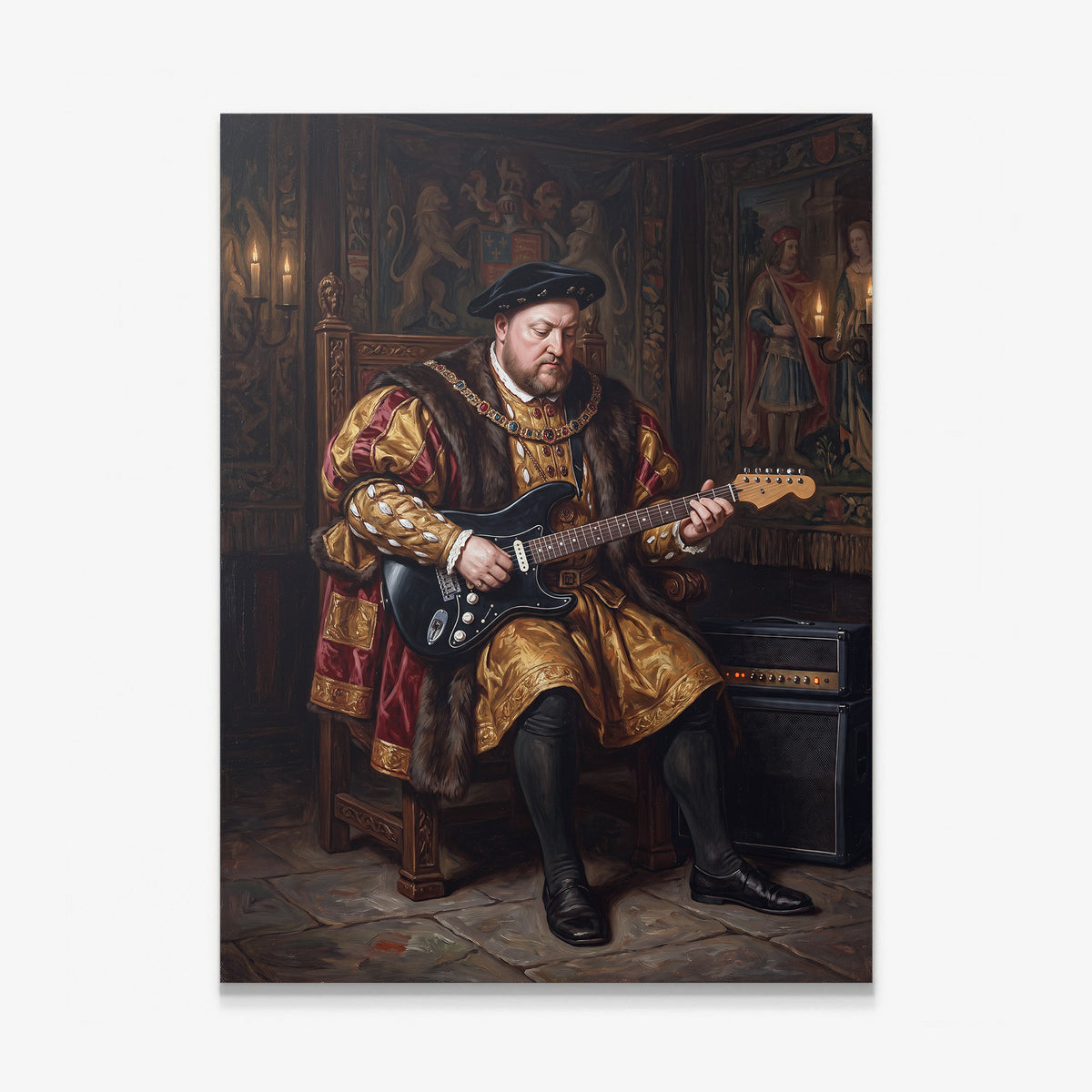 Henry Goes Electric canvas wall art, an oil painting of Henry VIII on his throne with an electric guitar and an amp