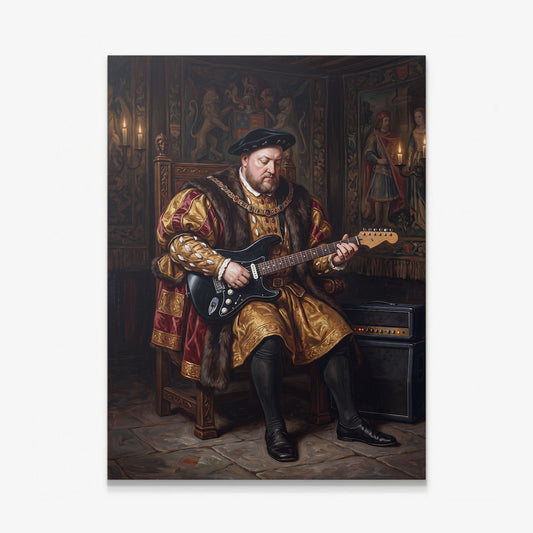 Henry Goes Electric canvas wall art, an oil painting of Henry VIII on his throne with an electric guitar and an amp