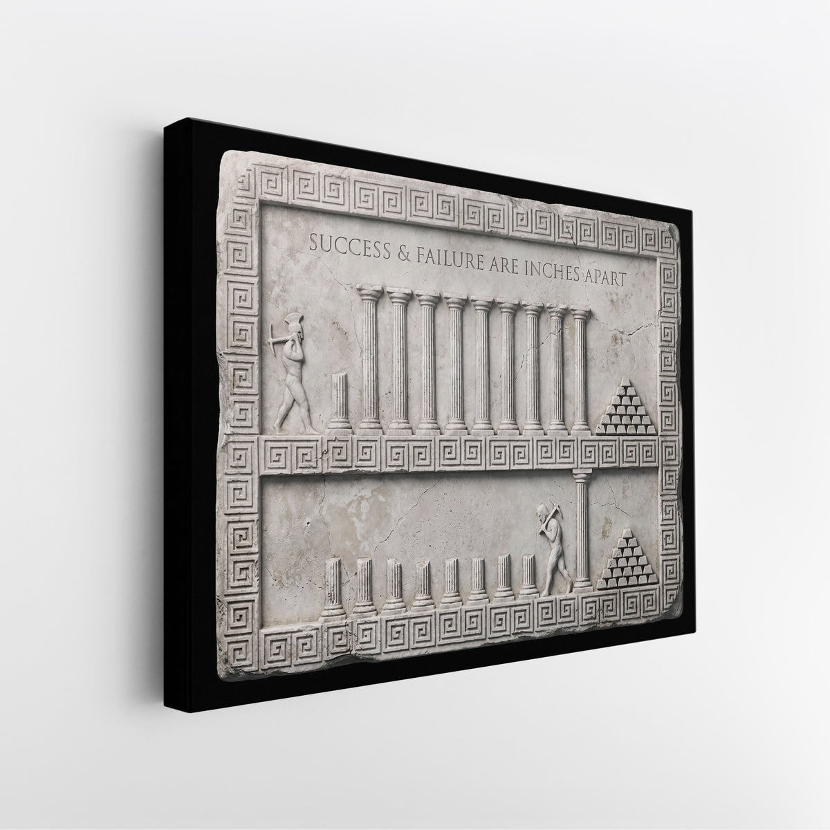 Side view of the Inches Apart marble canvas showing the black gallery-wrapped edge