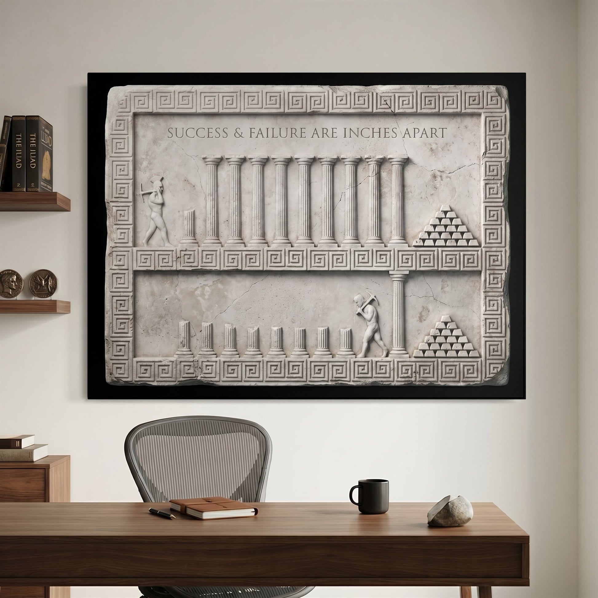 Success and Failure Are Inches Apart marble canvas in a modern home office