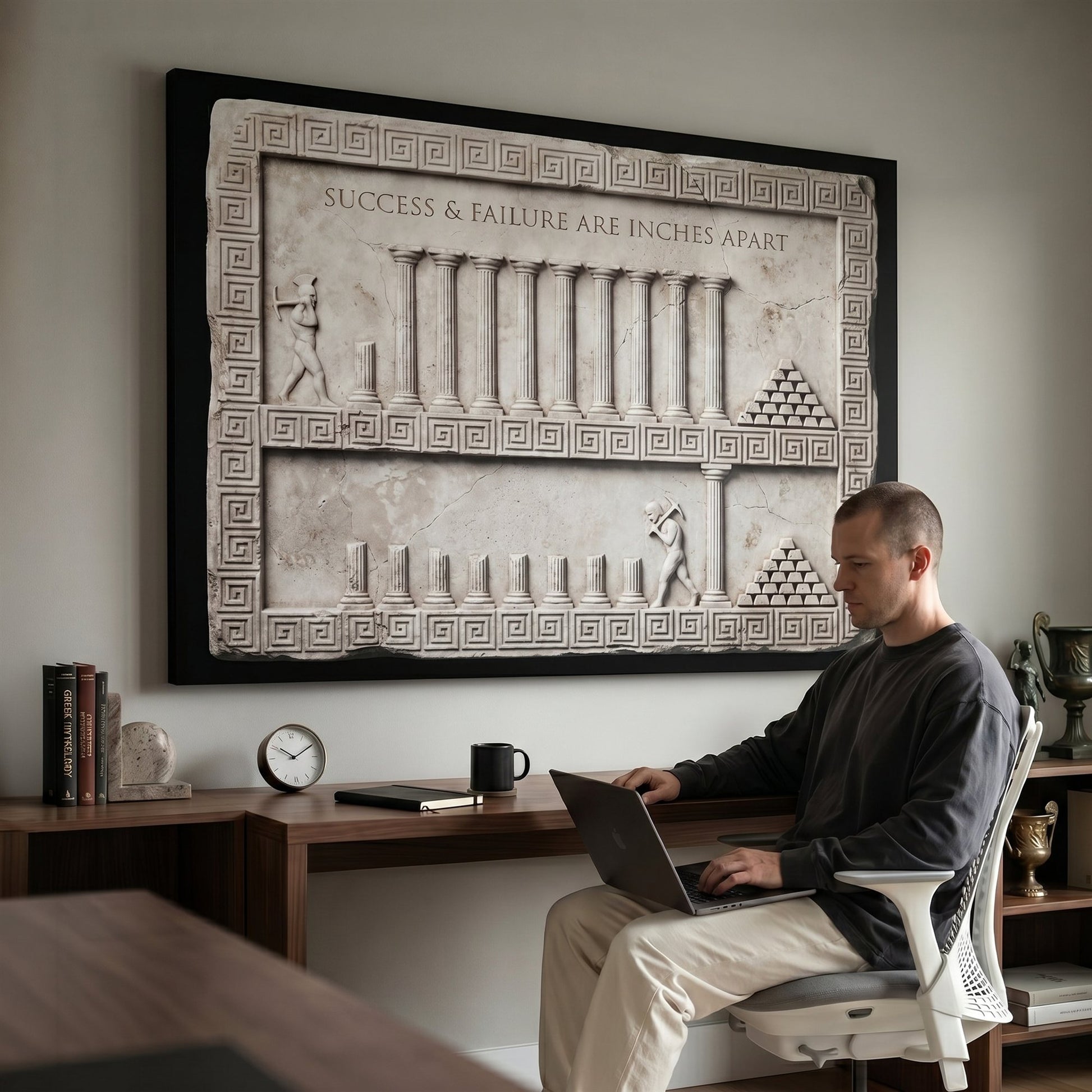 Man working at a laptop below the Inches Apart marble canvas in a home office