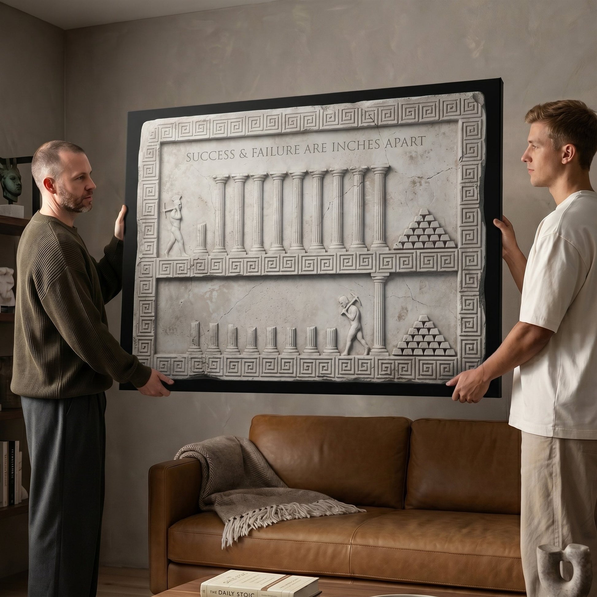 Two men hanging the Inches Apart marble canvas in a modern lounge