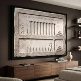 Inches Apart marble canvas above a walnut credenza in a modern room