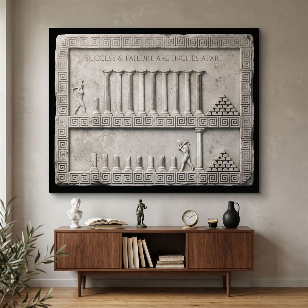 Inches Apart Slab Stoic canvas wall art above a walnut credenza in a modern study