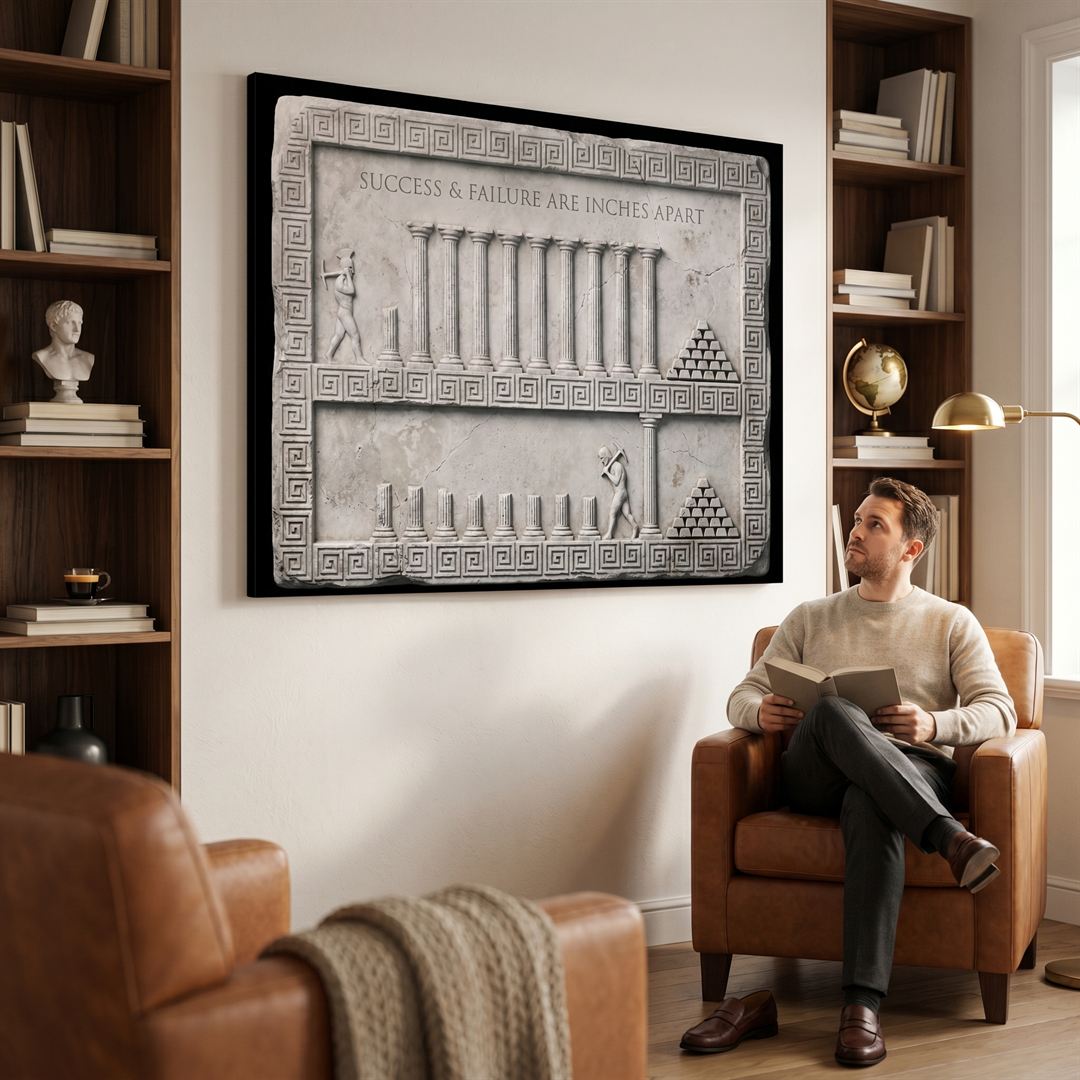 Man reading beneath the Inches Apart Slab canvas in a home library
