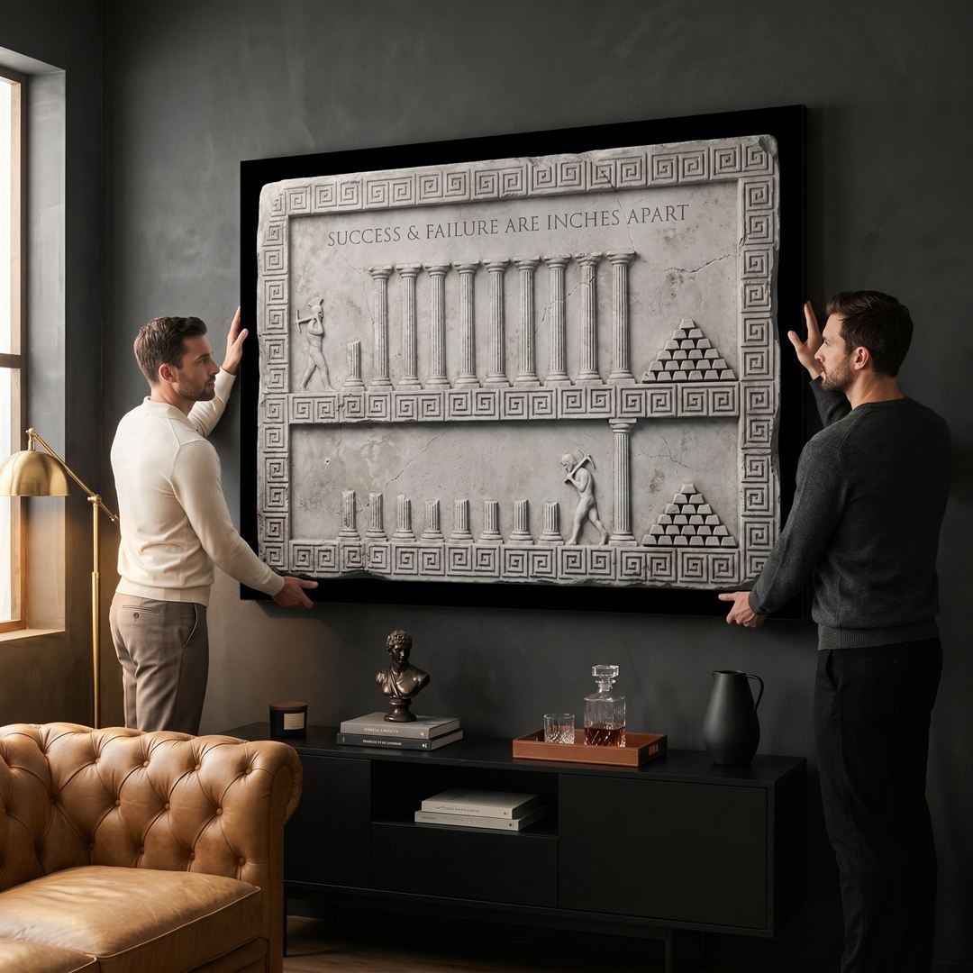 Two people hanging the Inches Apart Slab canvas in a modern lounge