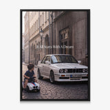 It All Starts With A Dream E30 coupe canvas wall art in a black floating frame