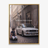 It All Starts With A Dream E30 coupe canvas wall art in a gold floating frame
