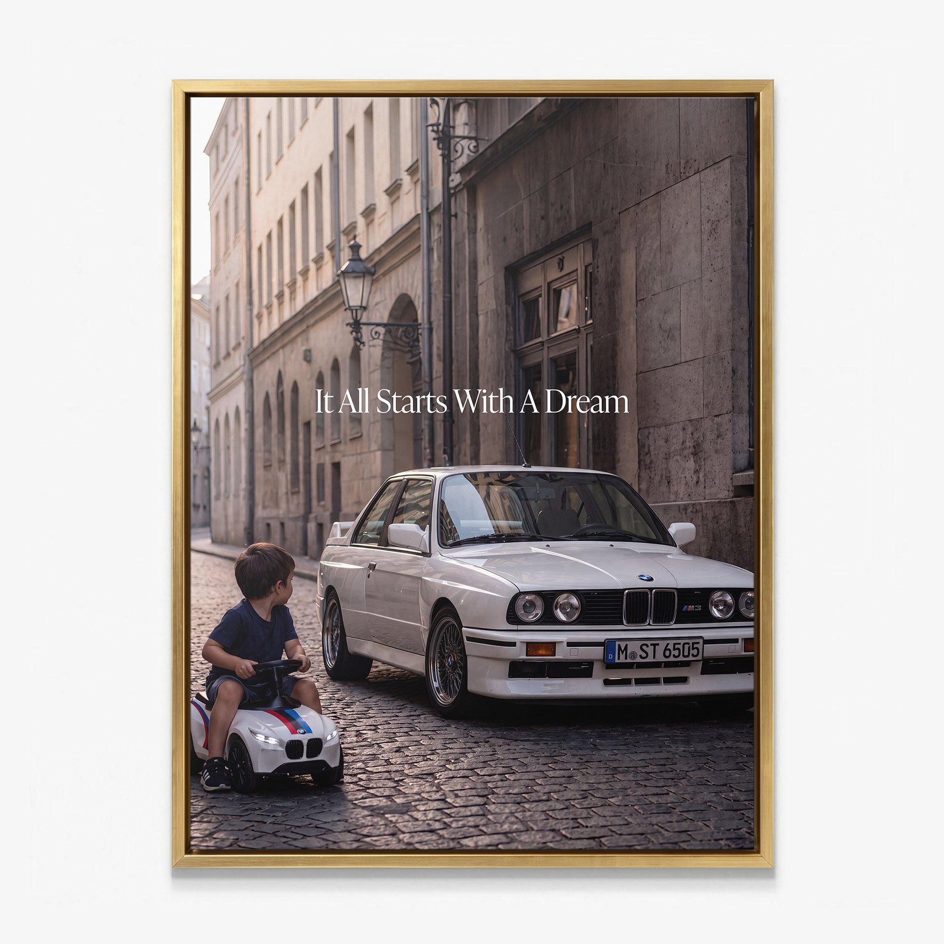 It All Starts With A Dream E30 coupe canvas wall art in a gold floating frame