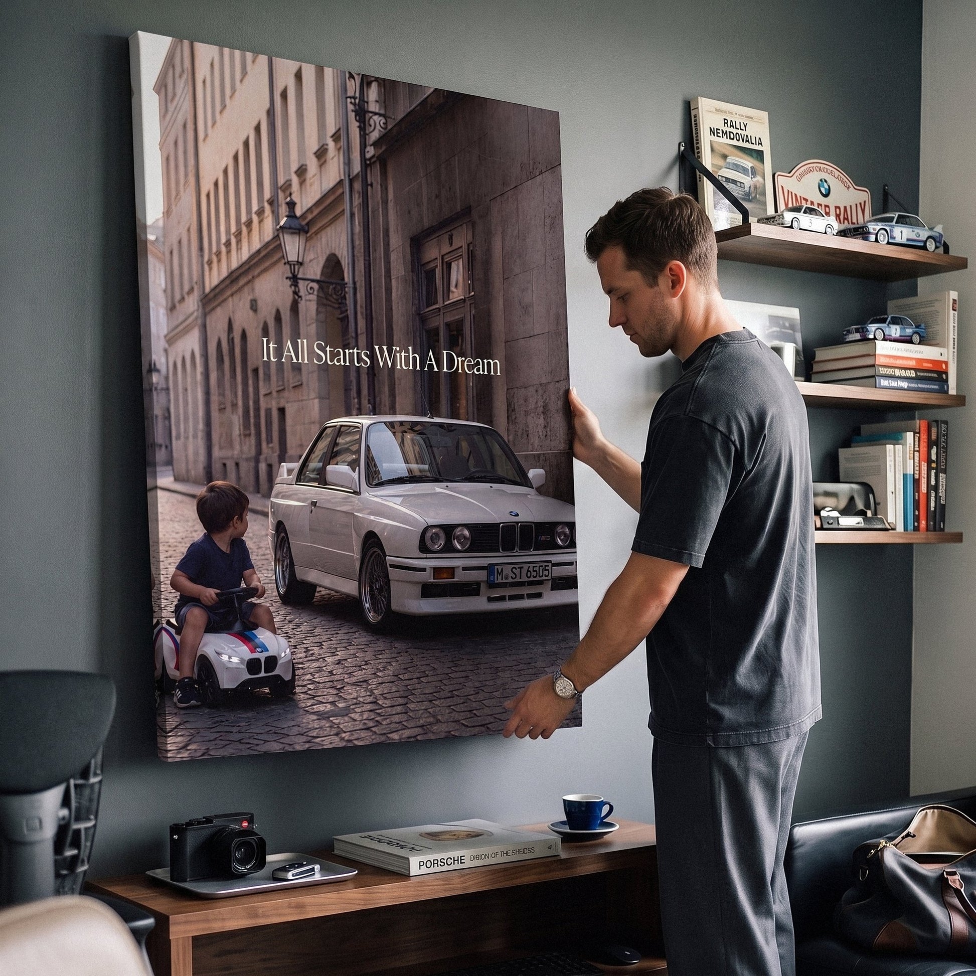 Man hanging It All Starts With A Dream E30 coupe canvas wall art in a study