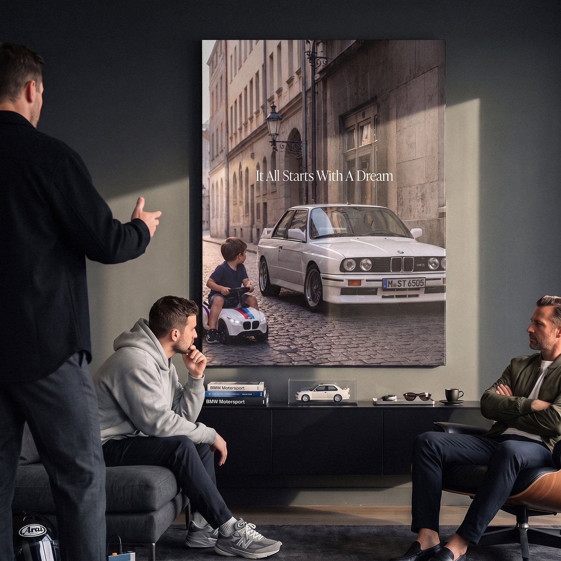 Couple hanging It All Starts With A Dream E30 coupe canvas wall art in a lounge