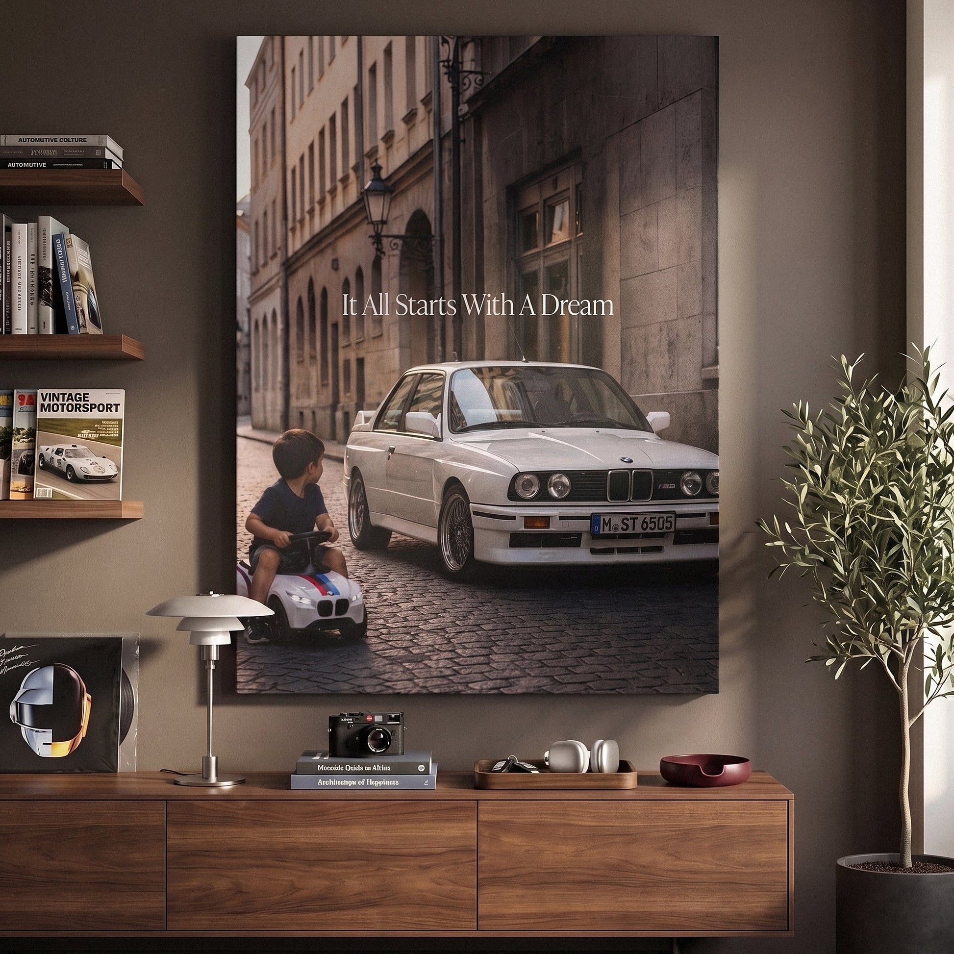 It All Starts With A Dream E30 coupe canvas wall art in a modern home den