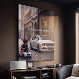 It All Starts With A Dream E30 coupe canvas wall art in a car enthusiast den