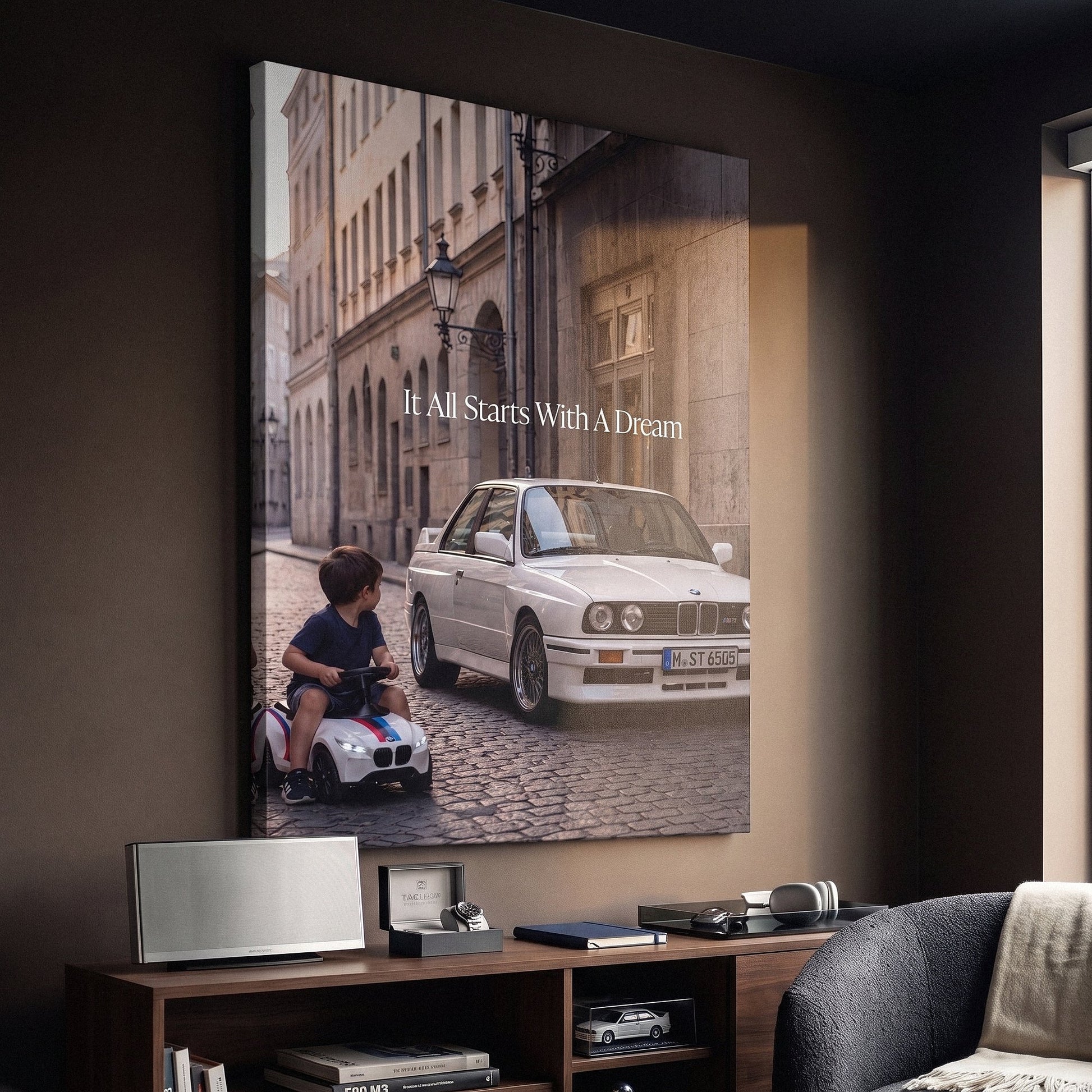 It All Starts With A Dream E30 coupe canvas wall art in a car enthusiast den