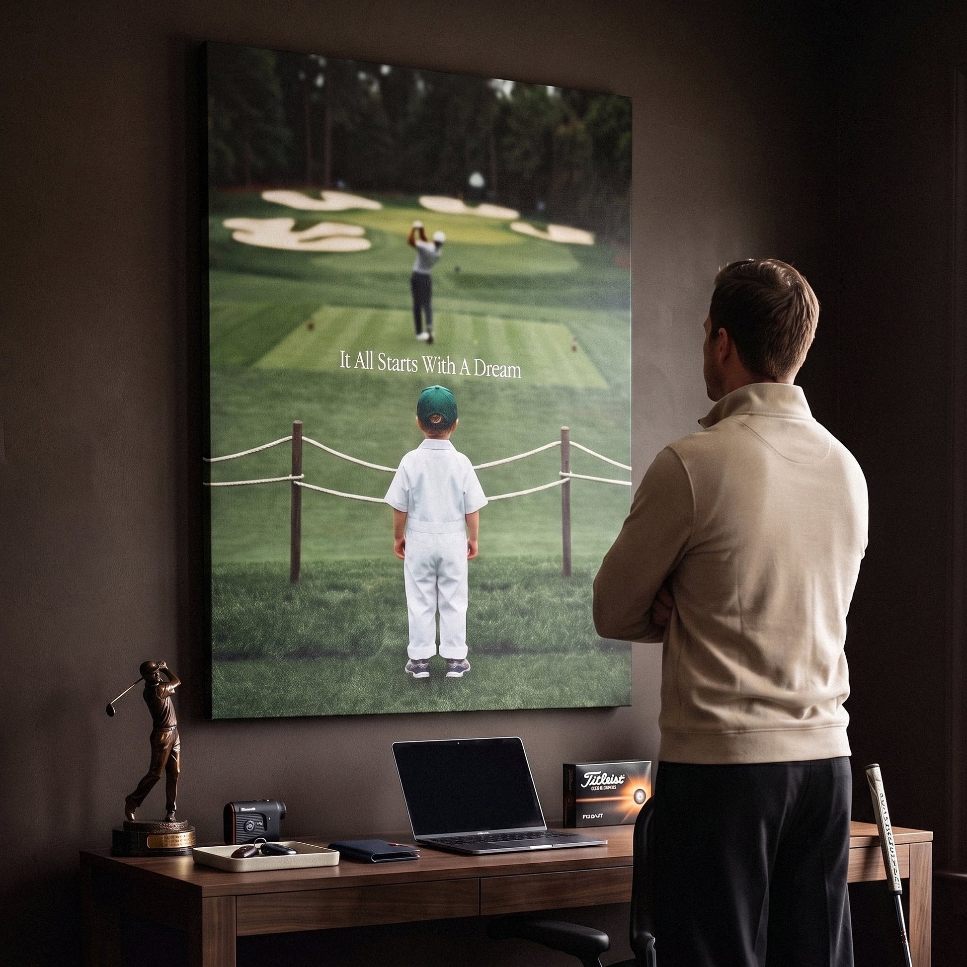 It All Starts With A Dream golf canvas held by a person