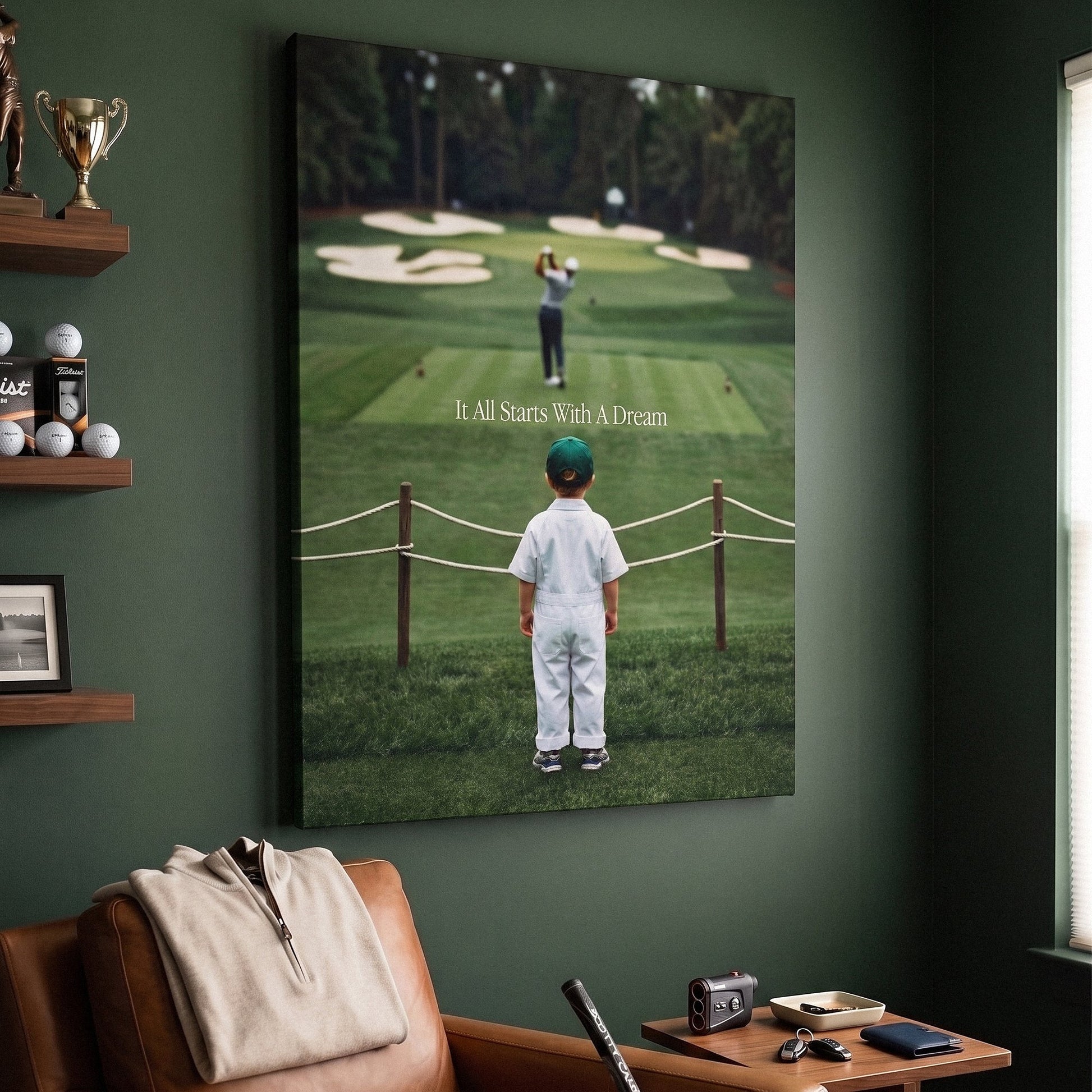It All Starts With A Dream golf canvas at an angle on a wall