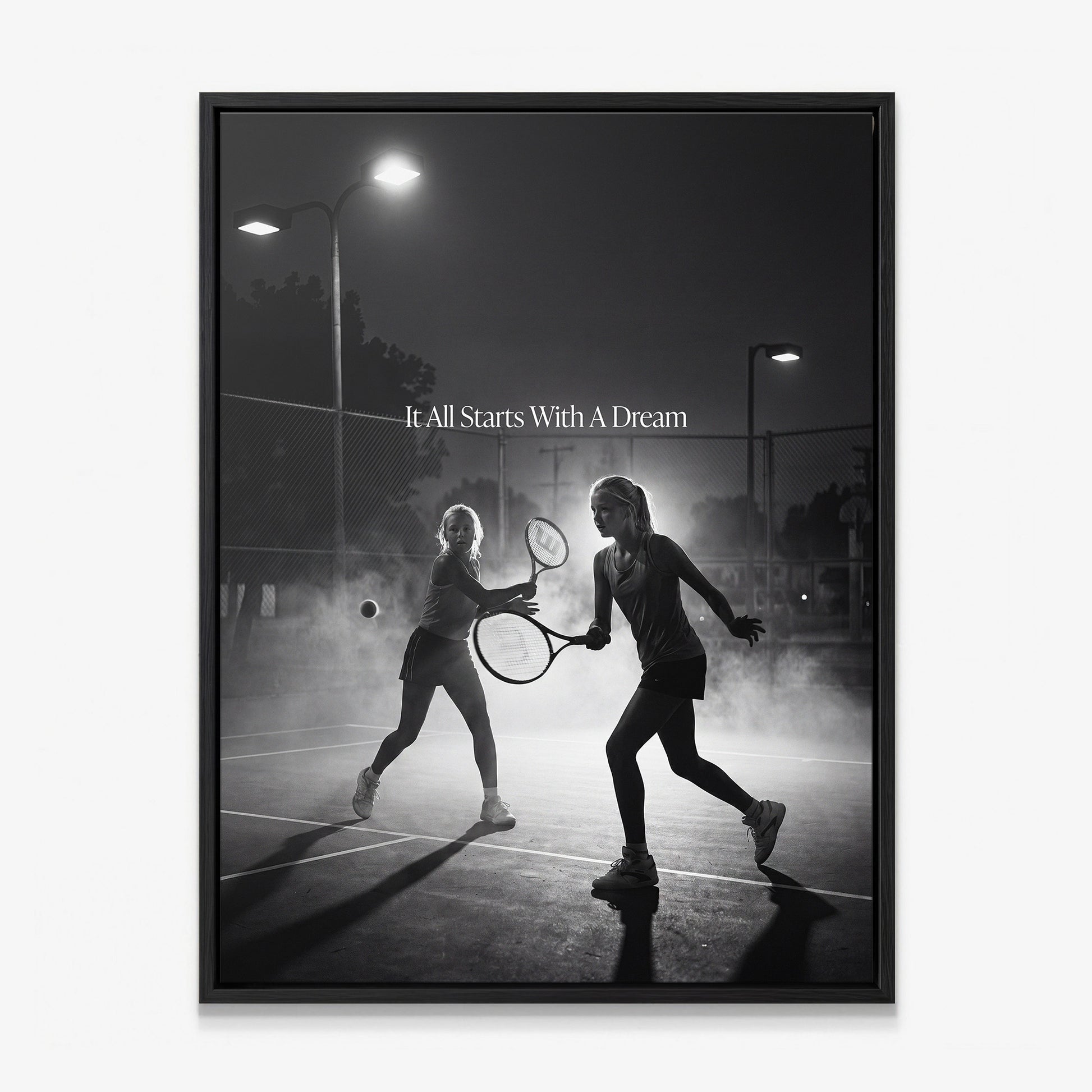 It All Starts With A Dream tennis canvas print in a black floating frame