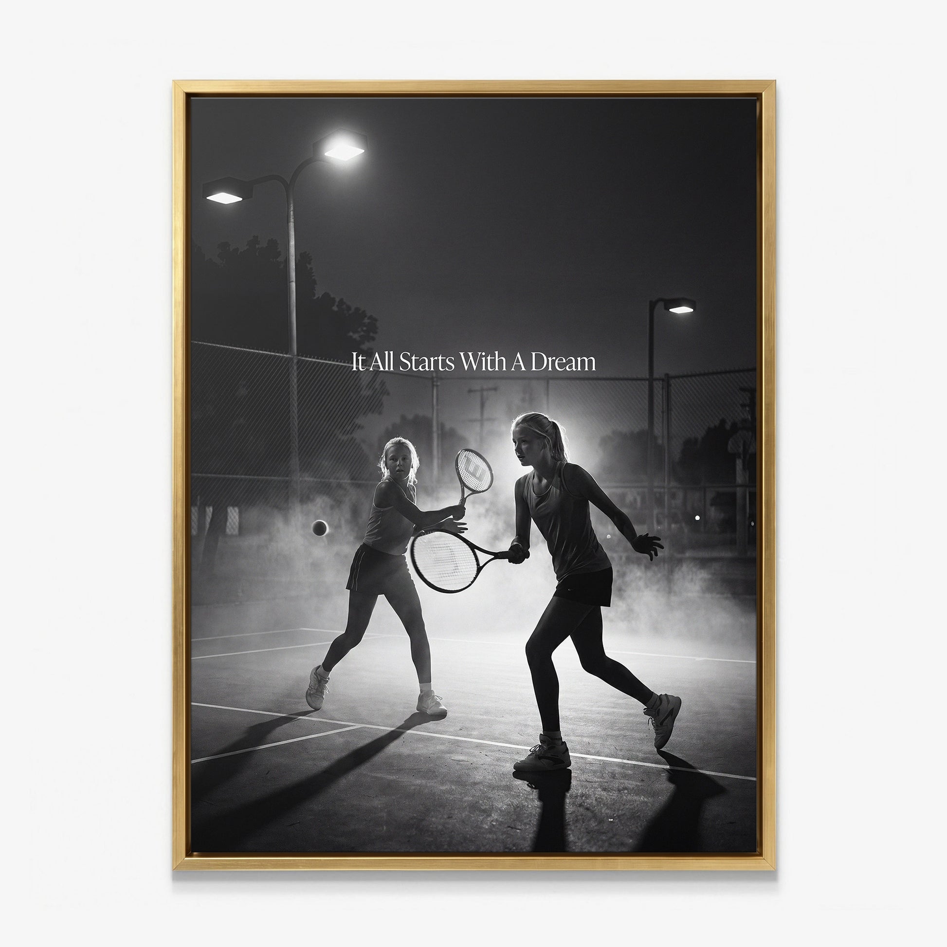 It All Starts With A Dream tennis canvas print in a gold floating frame