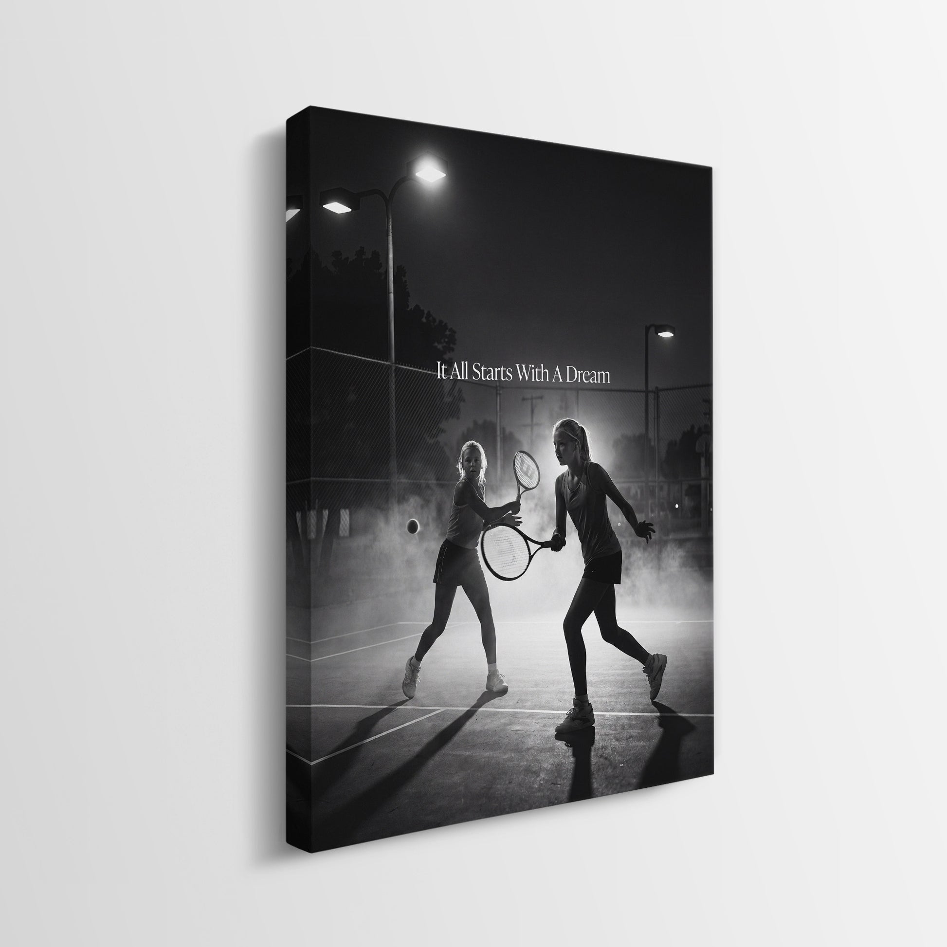 Side profile of the It All Starts With A Dream tennis gallery-wrapped canvas showing its depth