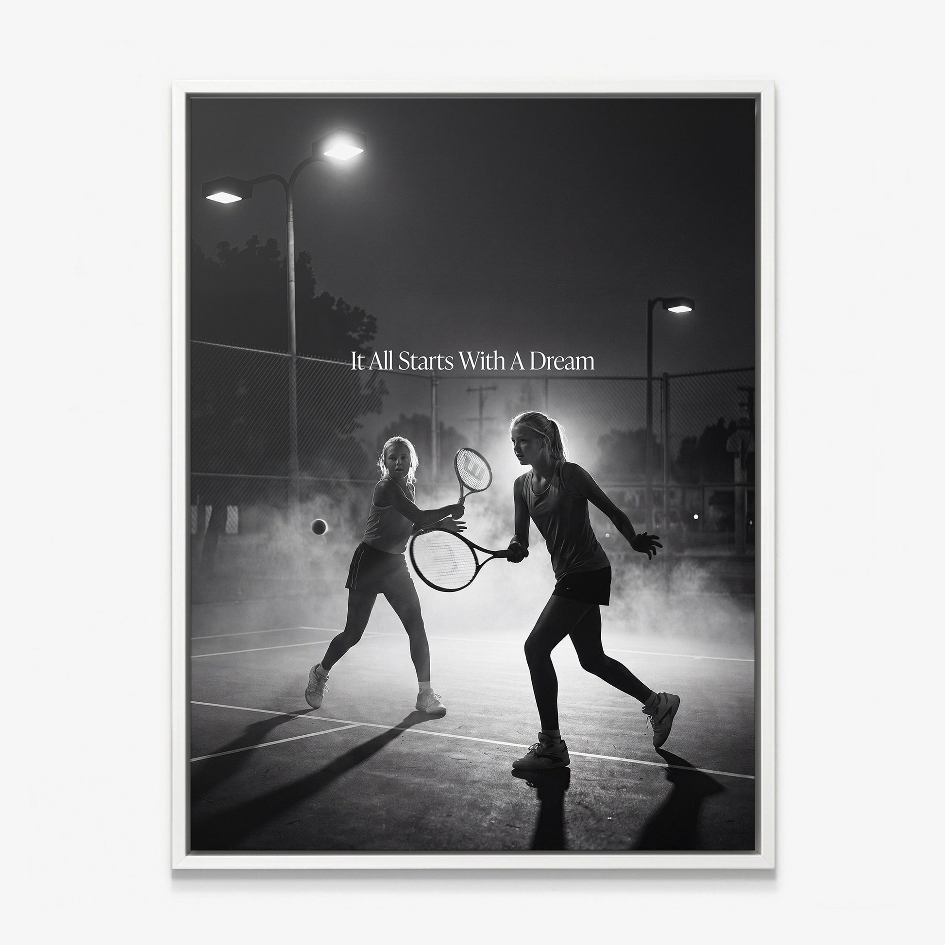 It All Starts With A Dream tennis canvas print in a white floating frame
