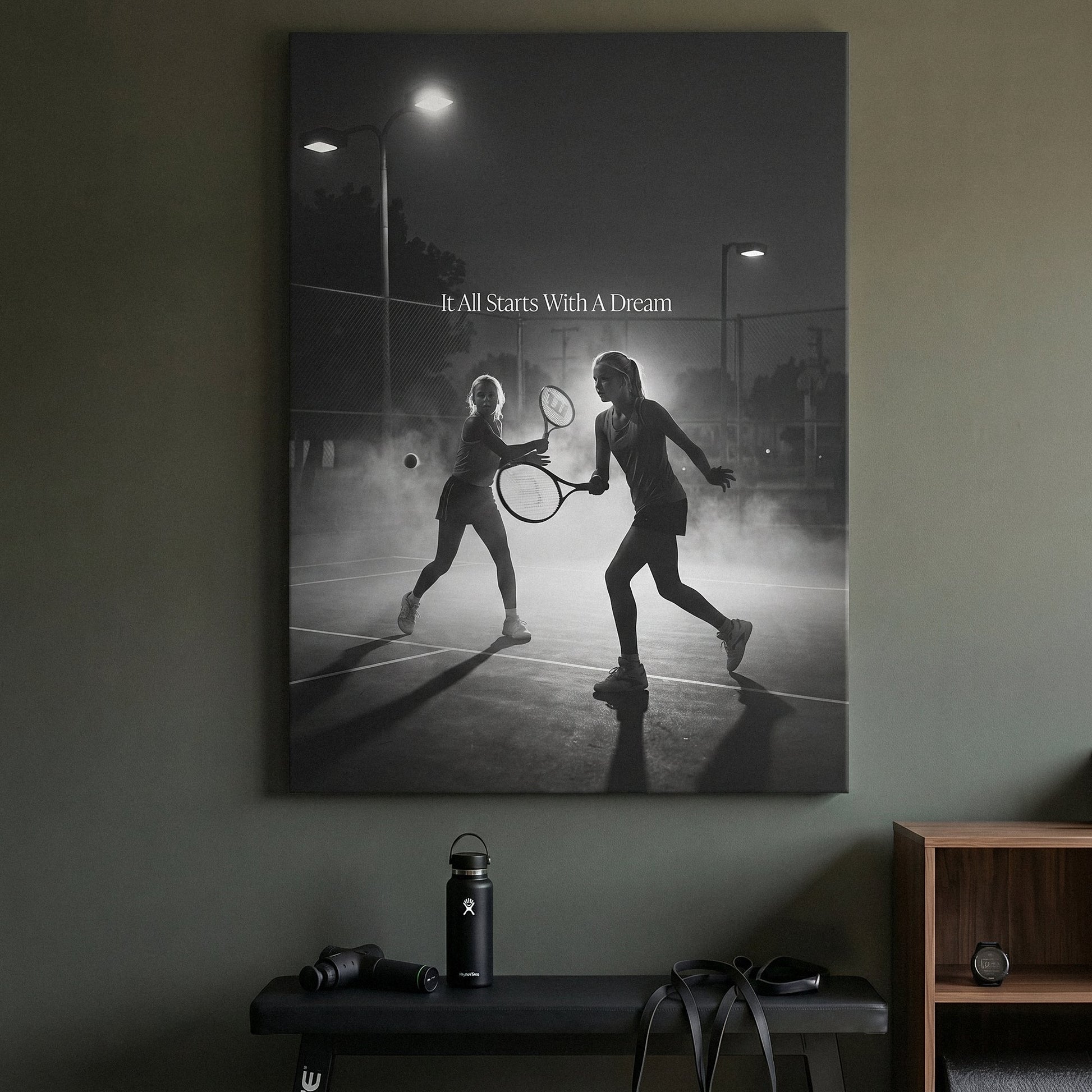 It All Starts With A Dream tennis wall art canvas above a console table in a bright modern hallway