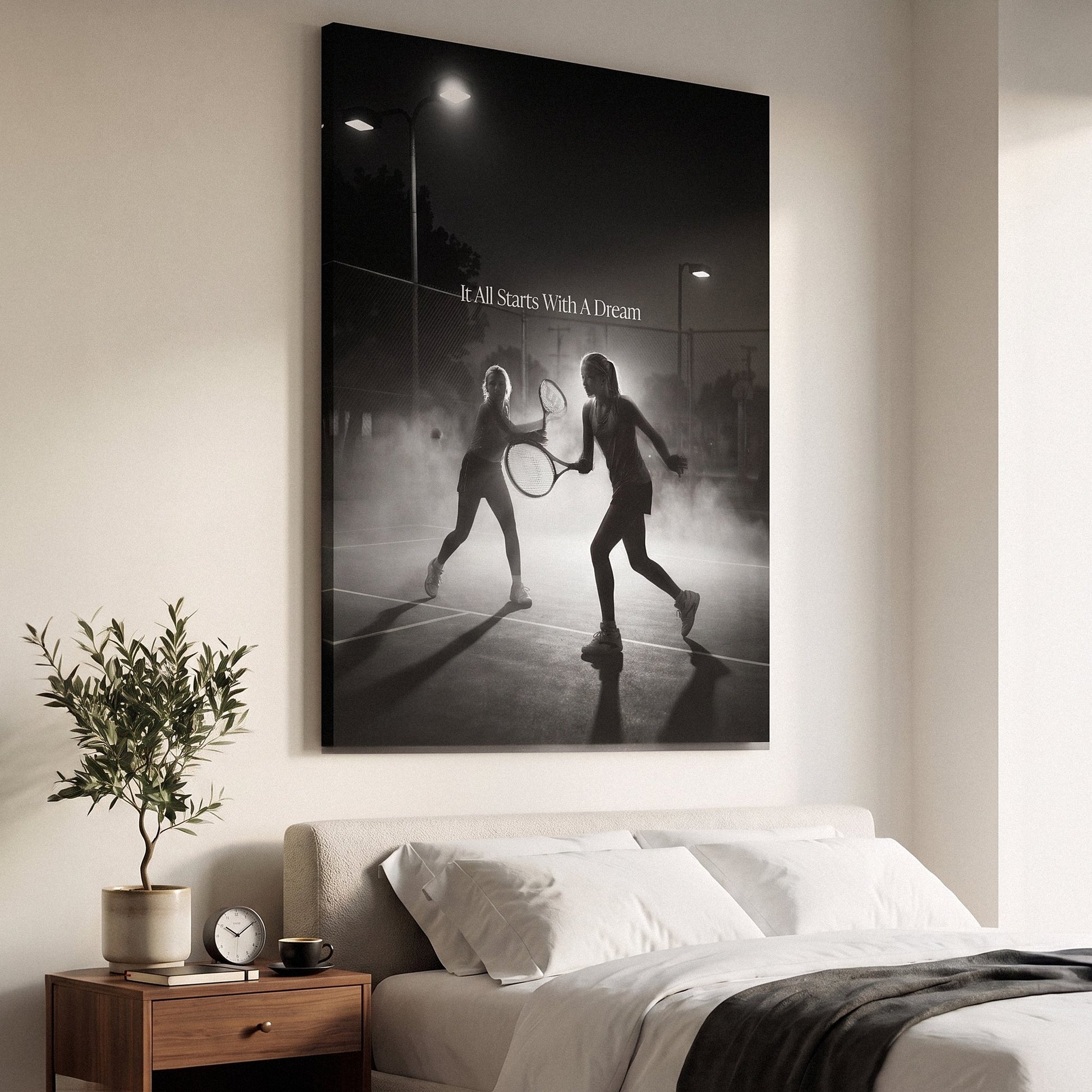 It All Starts With A Dream tennis canvas print on a living room wall at a gentle angle showing the gallery-wrapped edge