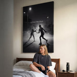 Person admiring the It All Starts With A Dream tennis canvas print in a styled interior