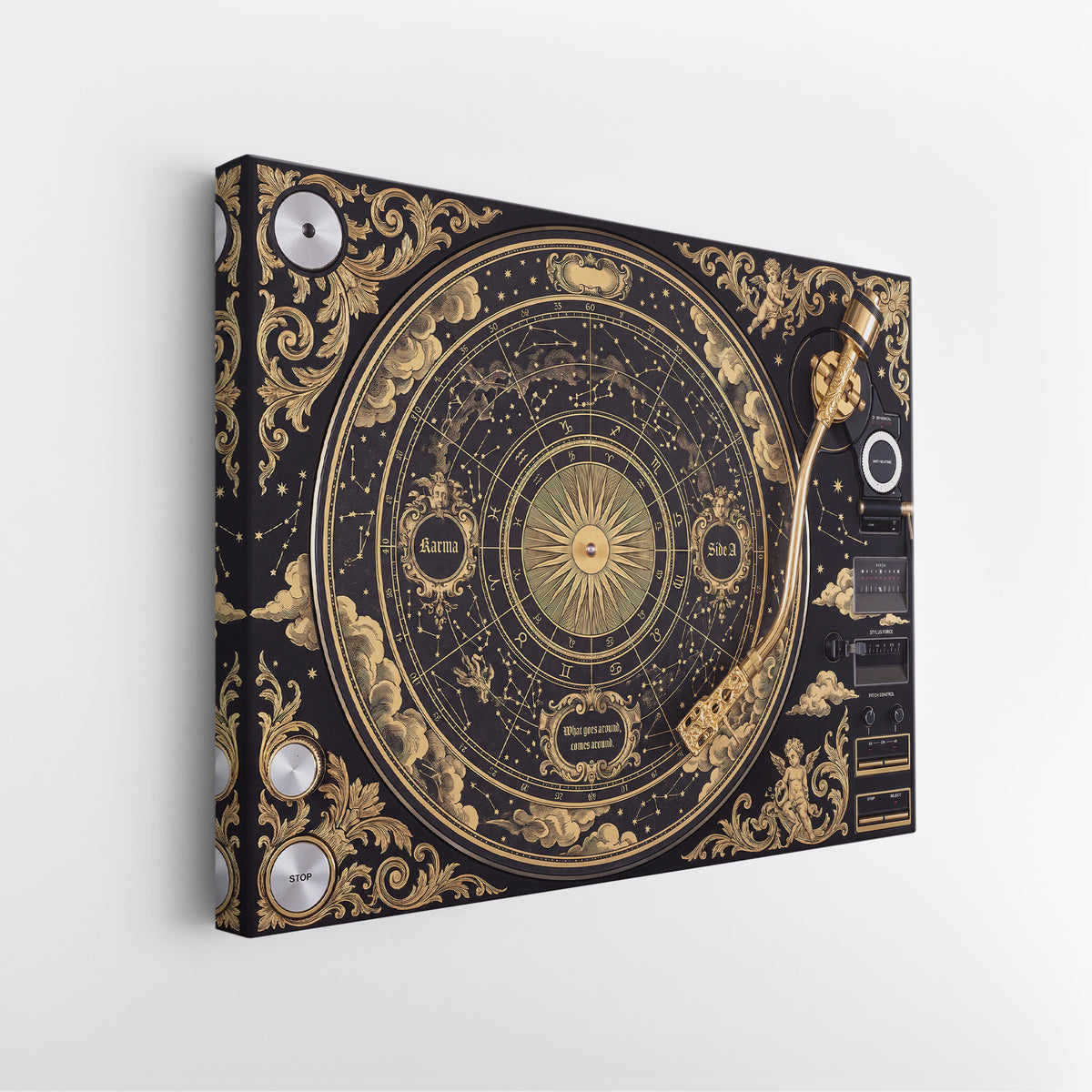 Side view of the Karma Baroque gallery wrapped canvas showing the wrapped edge