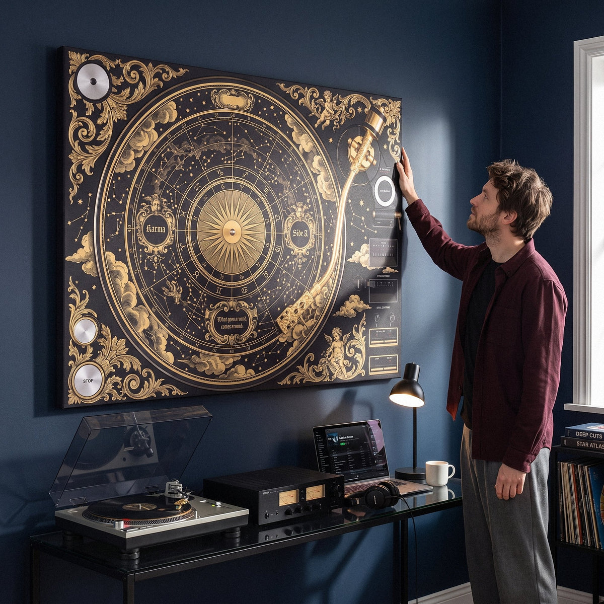 Karma Baroque canvas above a desk with a person looking at it