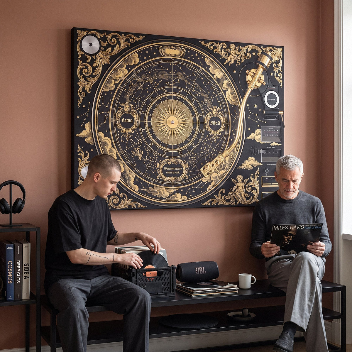 Karma Baroque canvas in a living room with two people