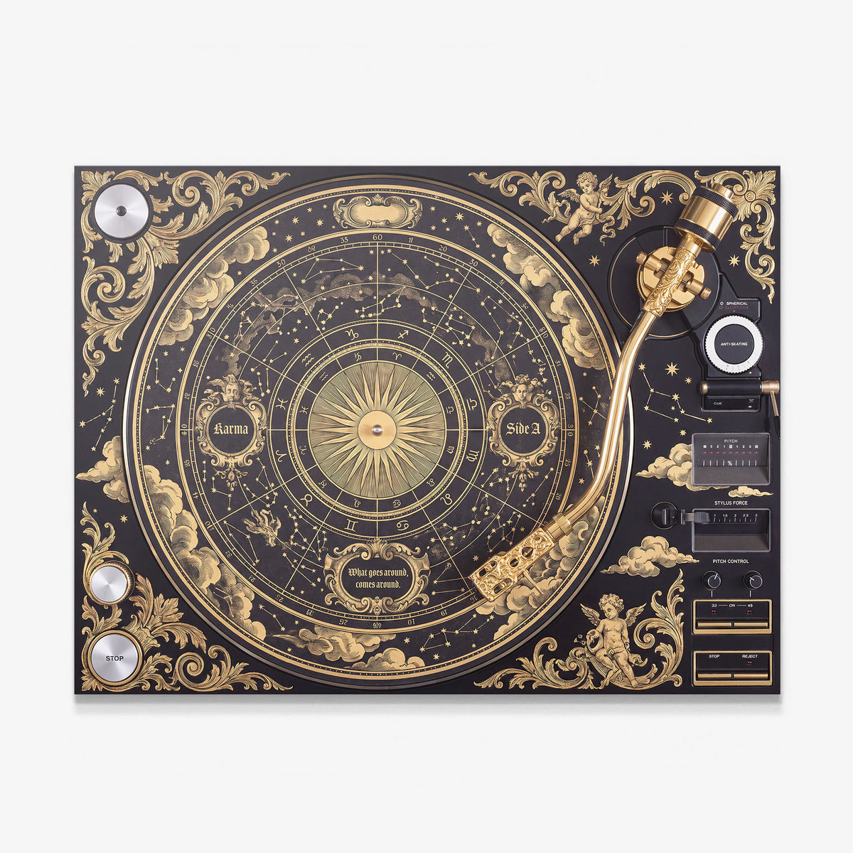 Karma Baroque canvas wall art, a black and gold turntable drawn as an antique zodiac chart with cherubs and scrollwork