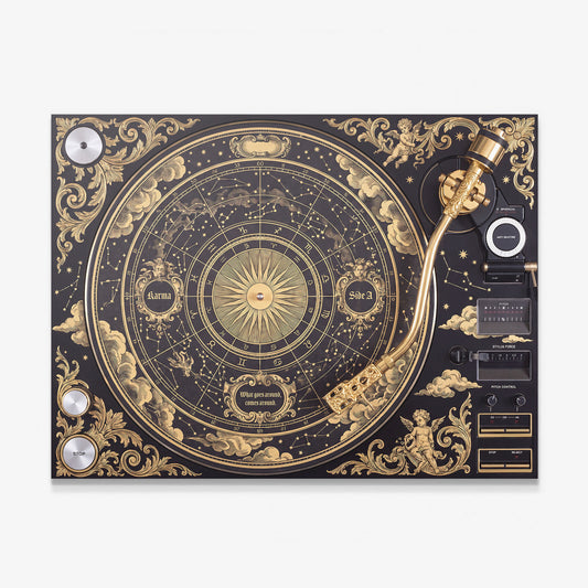 Karma Baroque canvas wall art, a black and gold turntable drawn as an antique zodiac chart with cherubs and scrollwork