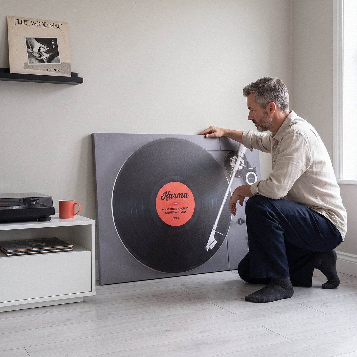Man crouched beside the Karma turntable canvas leaning on the floor of a putty grey living room