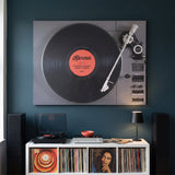 Karma turntable canvas above a white record console between tall floor speakers on a petrol navy wall