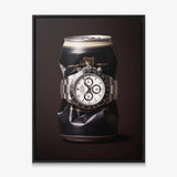 Last Call crushed black stout can with a white dial steel chronograph canvas wall art in a black floating frame