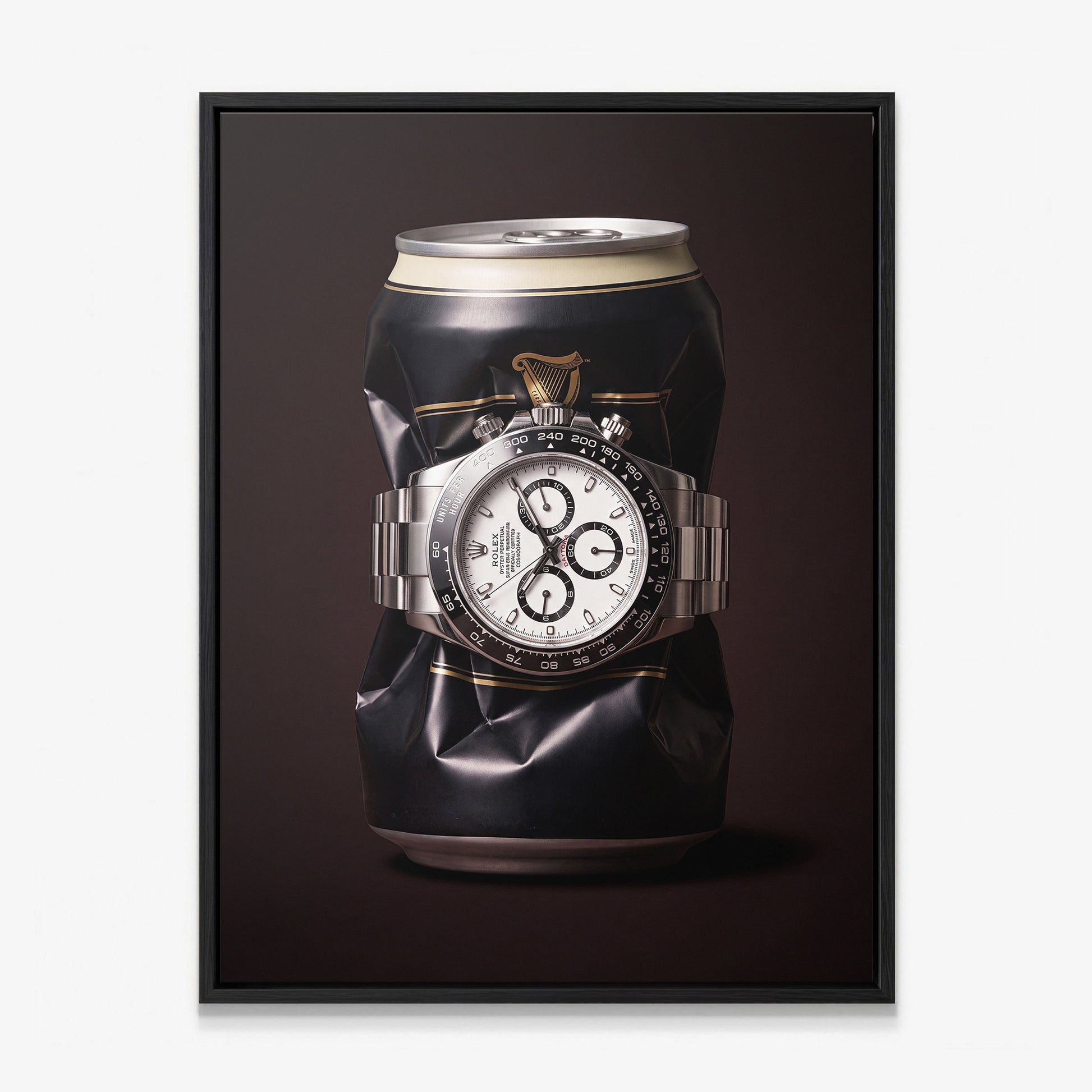 Last Call crushed black stout can with a white dial steel chronograph canvas wall art in a black floating frame
