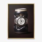 Last Call crushed black stout can with a white dial steel chronograph canvas wall art in a gold floating frame