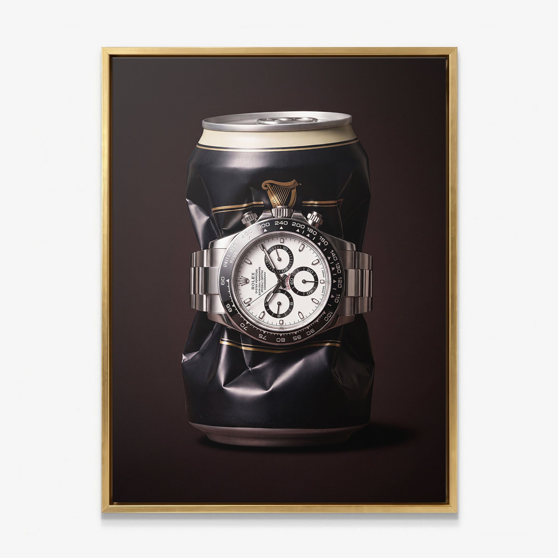 Last Call crushed black stout can with a white dial steel chronograph canvas wall art in a gold floating frame
