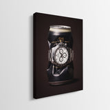 Last Call crushed black stout can with a white dial steel chronograph canvas wall art side profile showing the gallery wrapped edge
