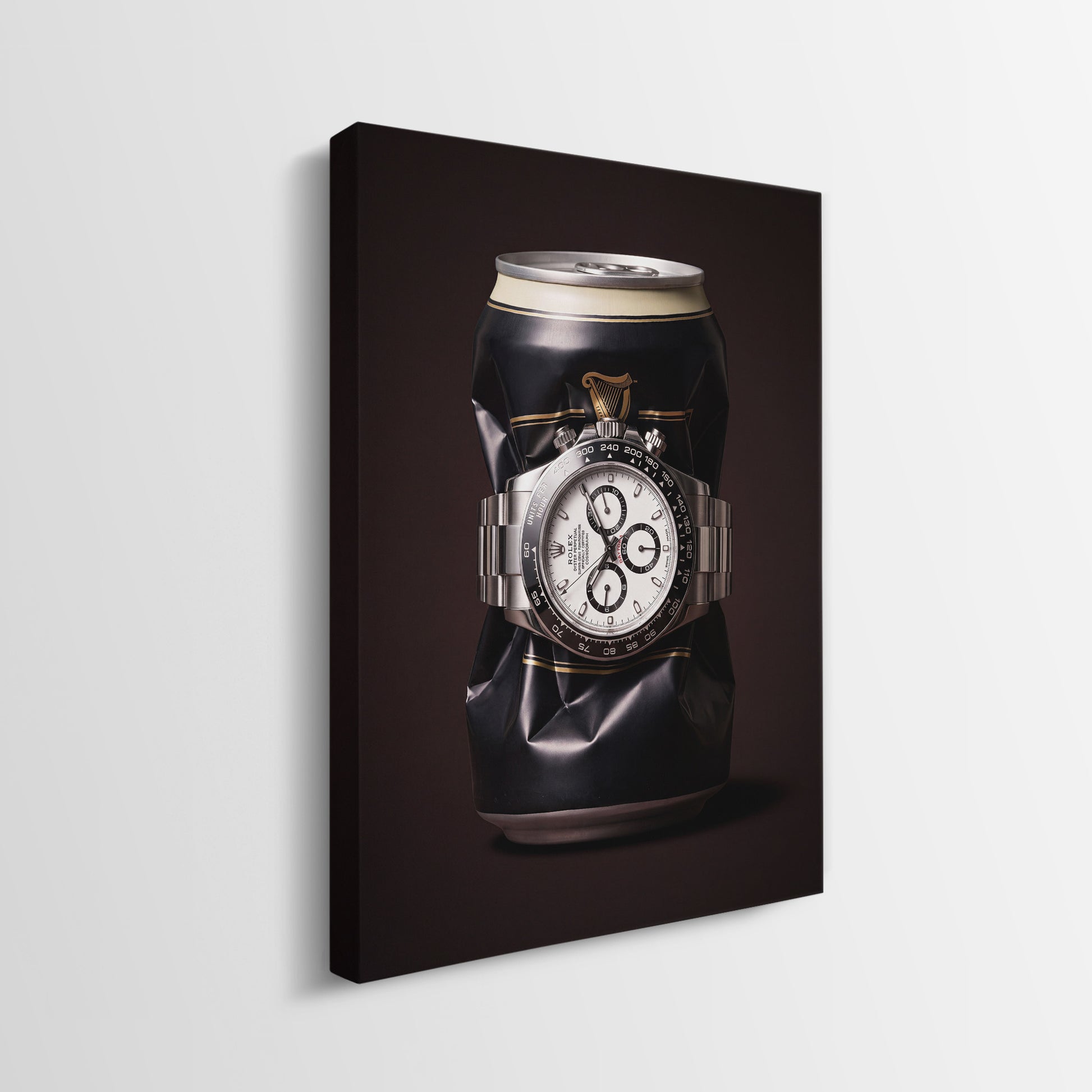 Last Call crushed black stout can with a white dial steel chronograph canvas wall art side profile showing the gallery wrapped edge