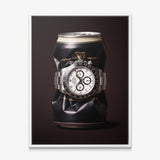 Last Call crushed black stout can with a white dial steel chronograph canvas wall art in a white floating frame