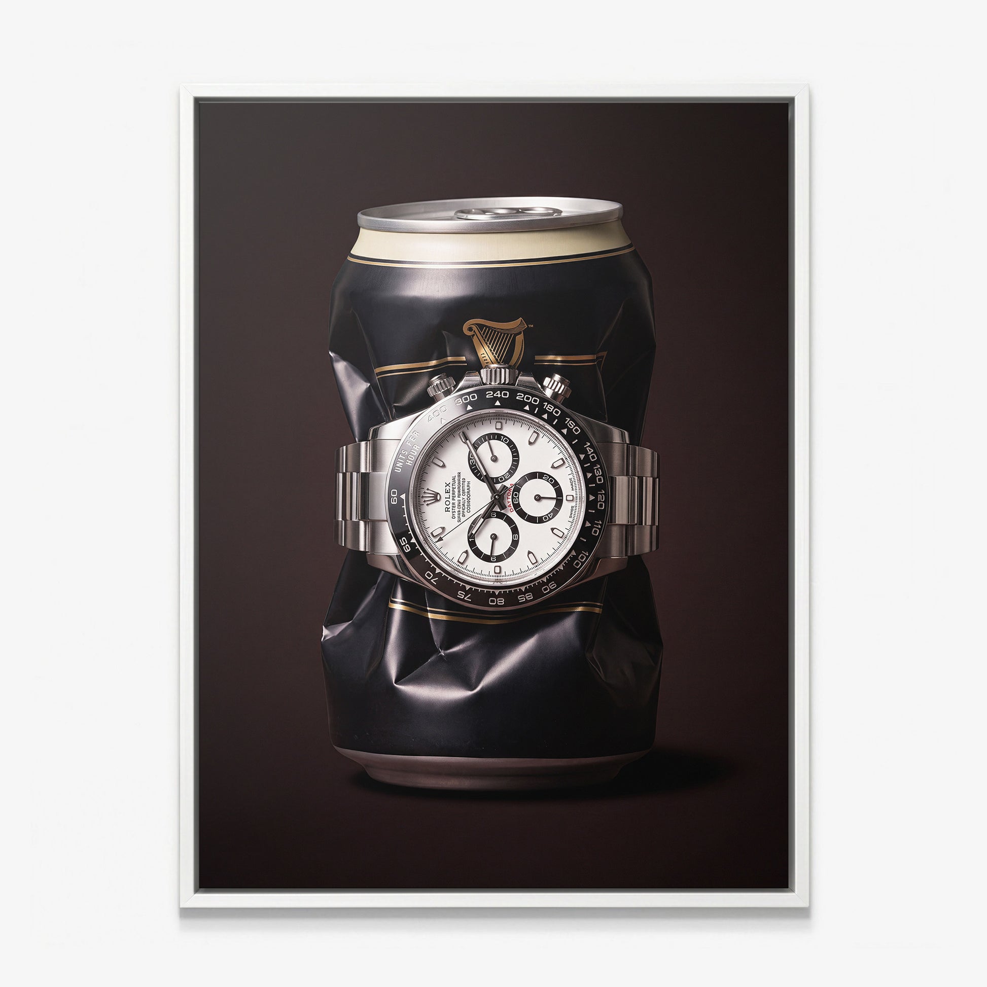 Last Call crushed black stout can with a white dial steel chronograph canvas wall art in a white floating frame