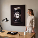 Last Call crushed black stout can with a white dial steel chronograph canvas wall art in a home interior with a person viewing it