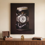 Last Call crushed black stout can with a white dial steel chronograph canvas wall art hanging in a styled home interior