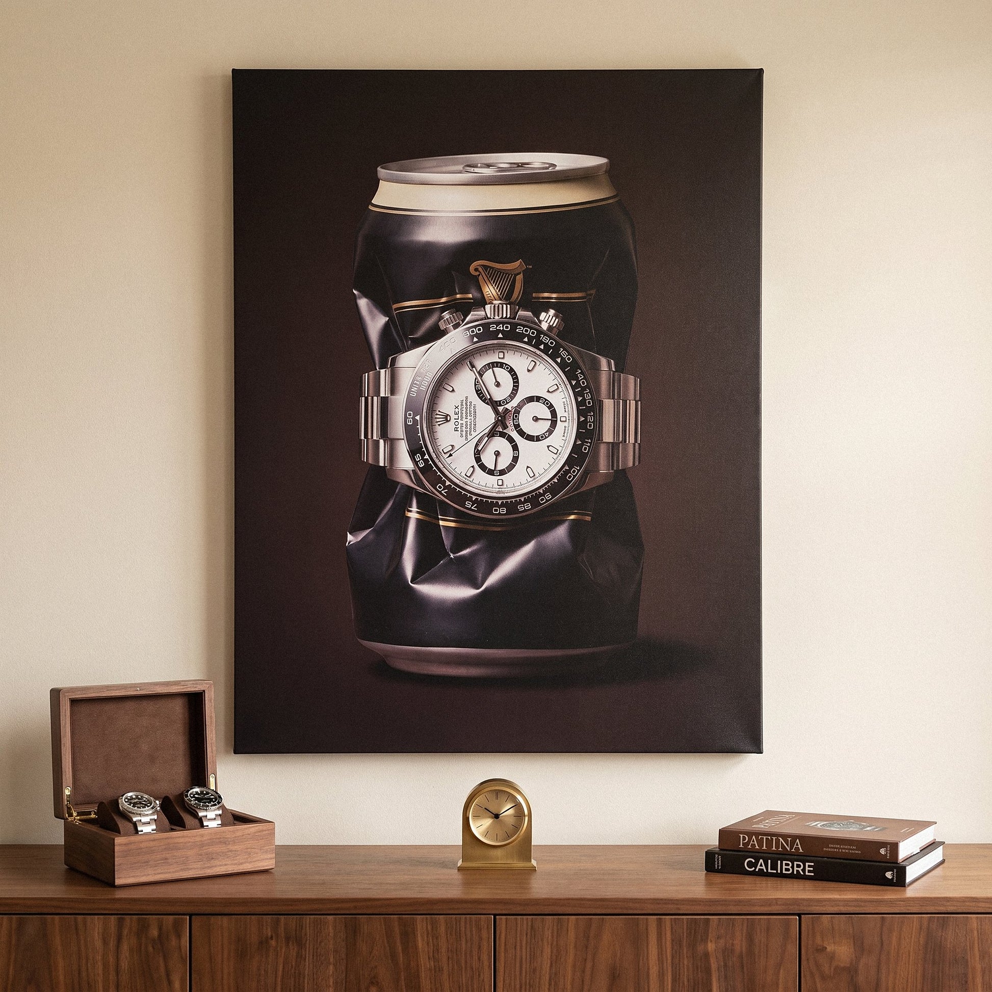 Last Call crushed black stout can with a white dial steel chronograph canvas wall art hanging in a styled home interior