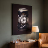 Last Call crushed black stout can with a white dial steel chronograph canvas wall art seen from the side on a styled wall