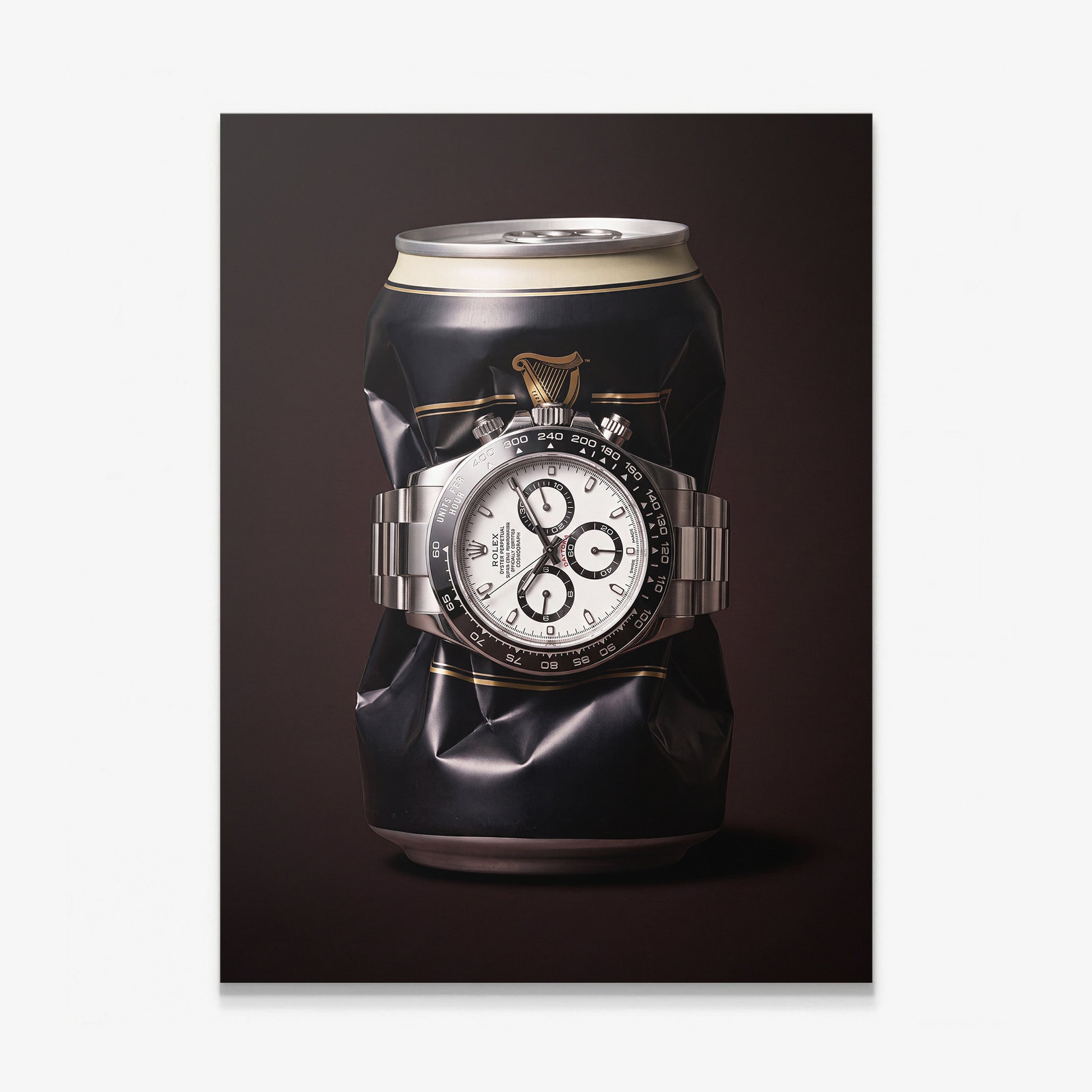 Last Call crushed black stout can with a white dial steel chronograph canvas wall art