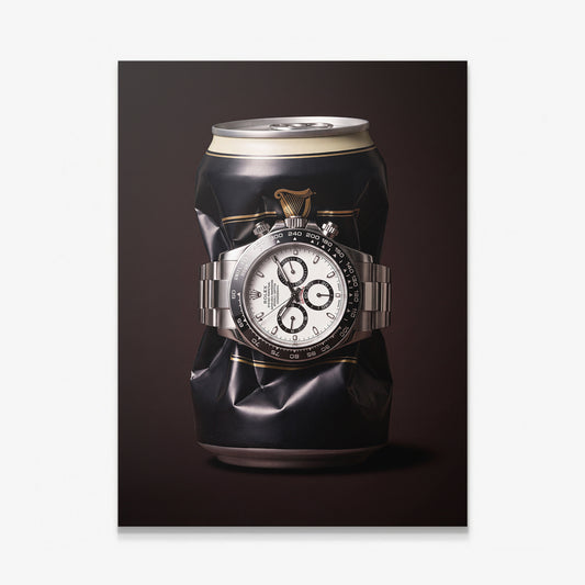 Last Call crushed black stout can with a white dial steel chronograph canvas wall art